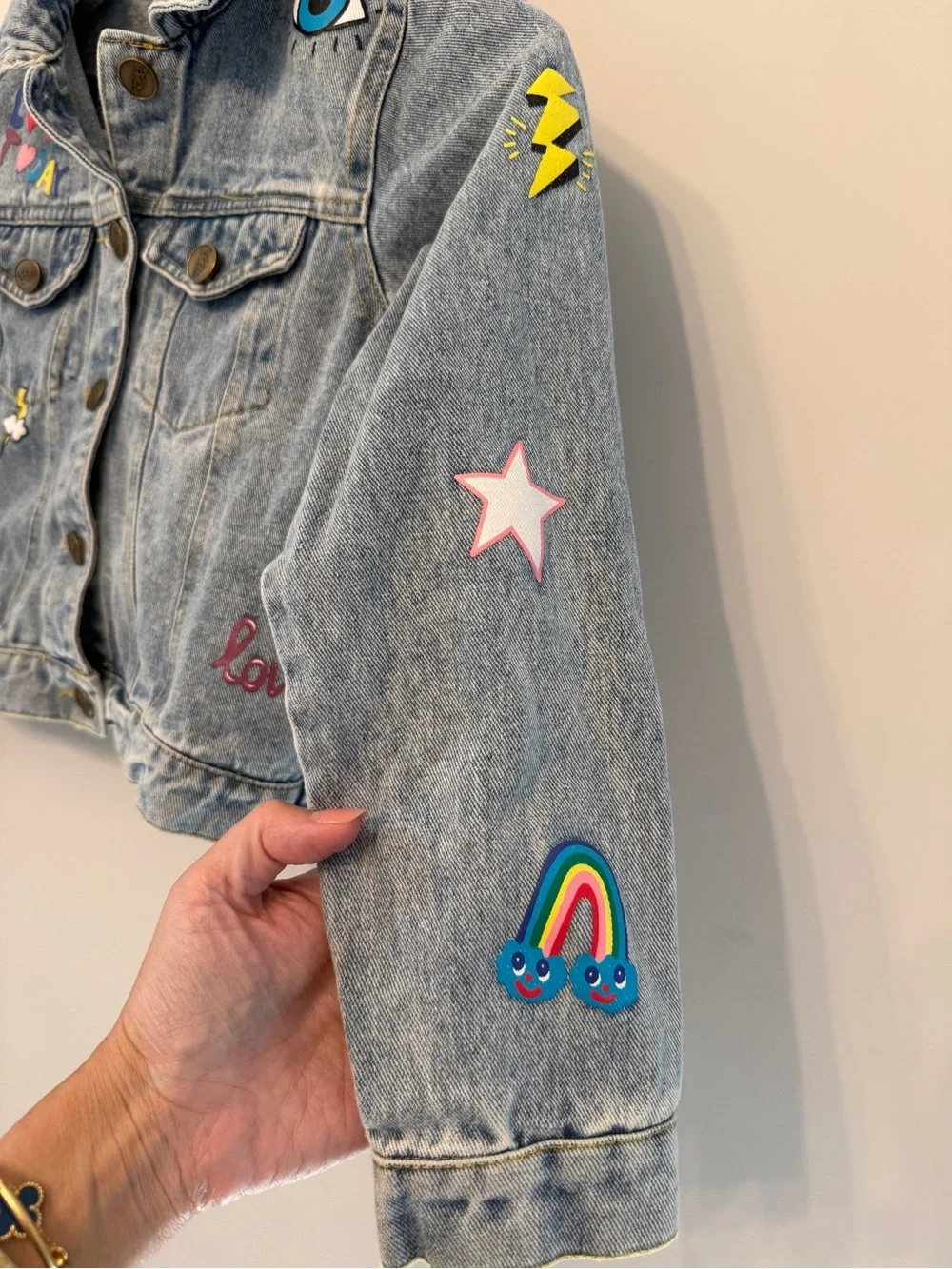 Lola + The Boys Light Blue Denim Jacket with Colorful Patch Details